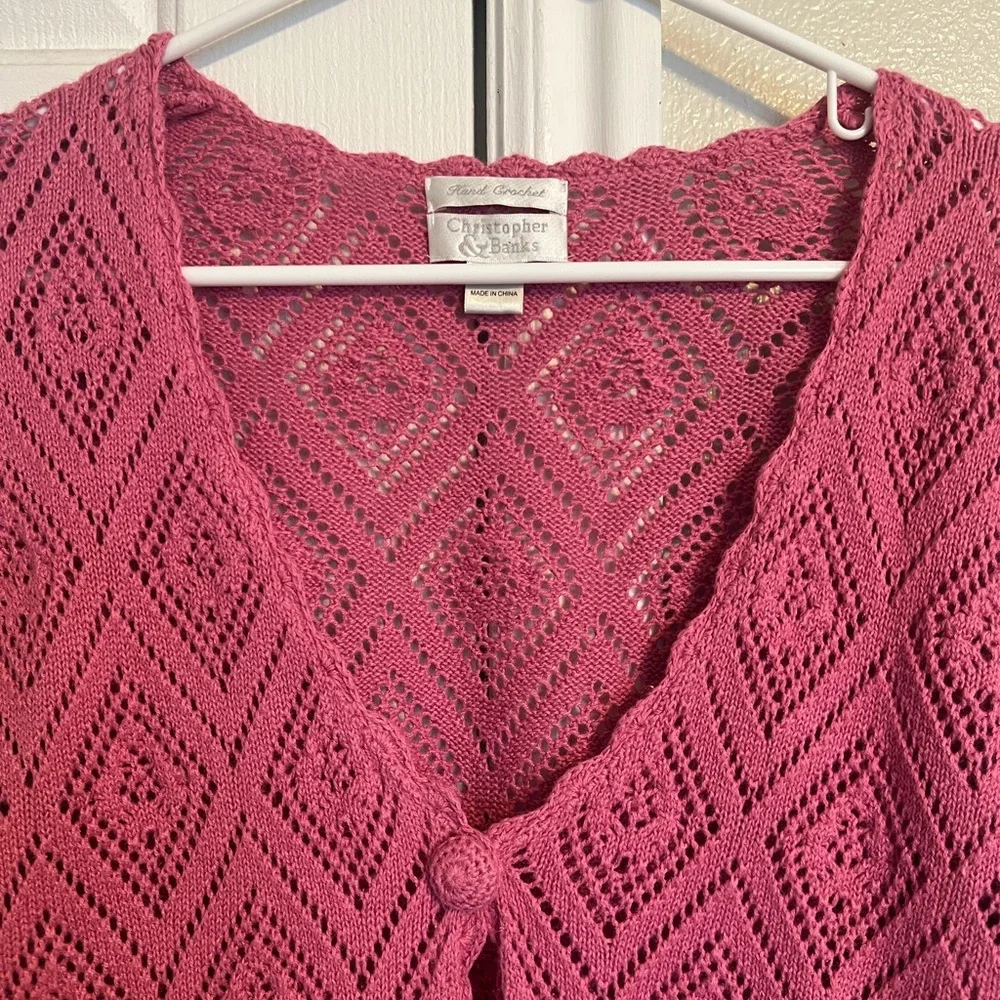 Christopher & Banks Vintage Pink Diamond Hand Crochet Cardigan Scalloped Open - Picture 3 of 6